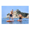 Due persone fanno paddleboarding vicino a una costa con un castello.