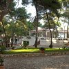 Un edificio bianco tra alberi, con giardino in primo piano e scale che portano a una terrazza.