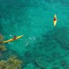 Due kayak gialli in acqua trasparente, remati da persone, con vegetazione sulla sinistra.