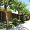Bungalow con veranda e alberi lussureggianti lungo un sentiero soleggiato.