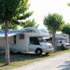 Una fila di camper parcheggiati vicino a una strada alberata.
