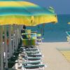 Ombrelloni gialli e verdi su una spiaggia.
