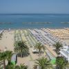 Spiaggia con ombrelloni e palme, vista mare.