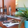Una scrivania con libri, bottiglie d'acqua, bicchieri e una pianta in vaso verde.