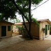 Esterno di bungalow in legno con tavolo e sedie, alberi e arbusti.
