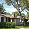Bungalow bianchi con tetti rossi, circondati da alberi e piante verdi, sotto un cielo sereno.