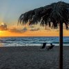 Spiaggia al tramonto con due sedie a sdraio sotto un ombrellone di paglia.