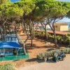 Una tenda blu sotto alberi alti in un'area campeggio.