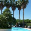 Piscina con palme e vegetazione rigogliosa intorno.