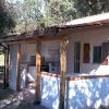 Un bungalow con una veranda in legno immerso nel verde.