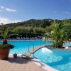 Piscina con ponte, aiuola centrale con piante, sdraio e vista su colline alberate.