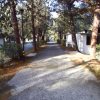 Sentiero alberato in un campeggio con bungalow su entrambi i lati.