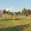 Bambini giocano su altalene in un parco con erba verde e alberi.