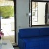 Soggiorno con divano blu, finestra aperta e porta sul terrazzo. Fiori su un tavolo.